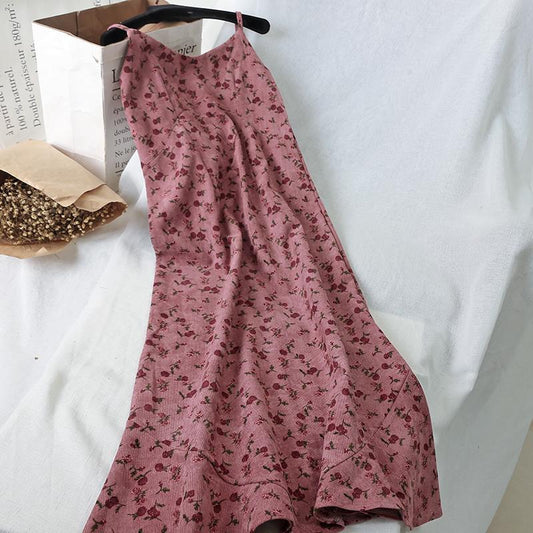 Female Summer Corduroy Retro Little Fresh Elegant Mid Long Suspender Floral Holiday Dress