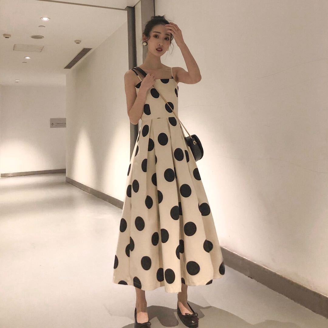 Women's White Sling Polka Dots Print Sexy Boho Dress Ladies Pleated Evening Party Beach Sundress