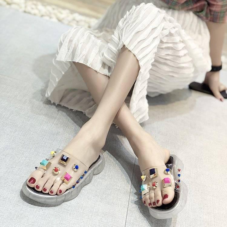 Student shoes ins slippers female crystal sole sports sandals transparent word belt colorful rivets