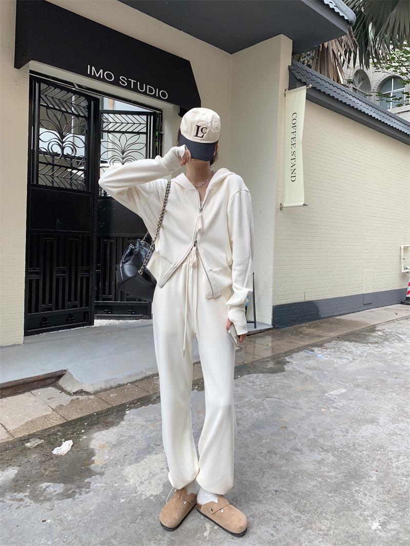 Double Zip Hooded Sweater Outer Sportswear Spring Loose Solid Color Casual Trousers Drawstring Sweatpants