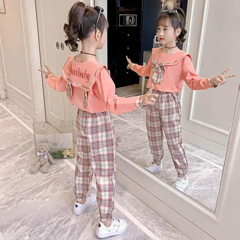 College Style Long-sleeved Plaid Pants Girls Spring and Autumn Two-piece Loose Breathable Bow Cute Casual Children's Suit