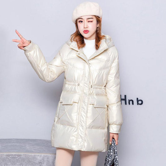 Glossy Down Jacket Women's Winter White Duck Down Mid-length Korean Style Loose Thick Slim-fitting Western-style Jacket Trend