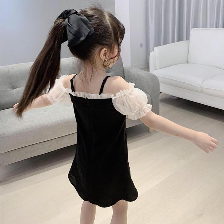 Children Dress Girls' Summer Dress Korean Sweet Casual Dress Bowknot Mesh Suspender Dress Ruffle Shoulder