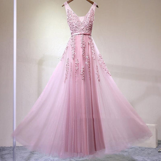 Charming Sexy Women Dress A-Line V-Neck Sleeveless Elegant Embroidery Long Prom Dress Evening Dress