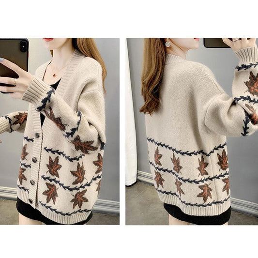 Autumn and Winter Loose Sweater Maple Leaf Pattern Coat Knitted Cardigan Blouse