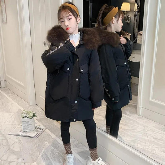 Girls' Warm and Windproof Cotton Coat Mid-length Thick and Velvet Autumn and Winter Jacket