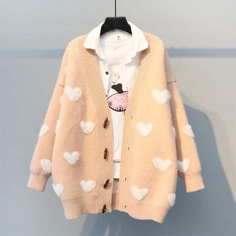 Autumn and Winter Loose Mid-length Cardigan Lazy Heart-shaped Sweater Student Casual Jacket