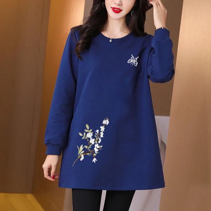 Spring Womens T Shirt Casual Round Neck Flower embroidery Ladies Tee Shirts Vintage Floral Tops Pullover