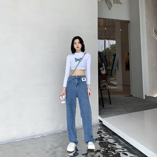 Spring Autumn Plus Size Loose Woven Denim Wide-leg Trousers Straight Thin High-waist Casual Mopping Pants Women