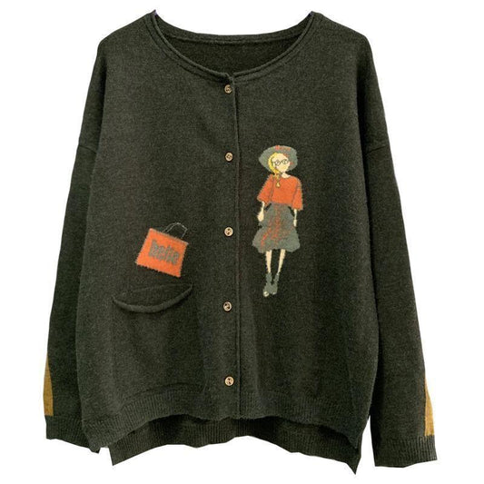 Little Girl Jacquard Knitted Cardigan Color Matching Wild Long-sleeved Sweater Retro Thin Jacket Women