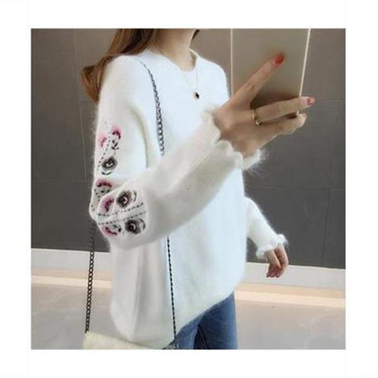 Round Neck Embroidered Top Loose Casual Long-sleeved Sweater All-match