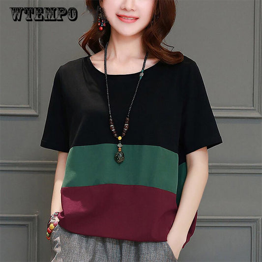 casual large size L-4XL loose long-sleeved T-shirt female Stitching t-shirt O-Neck T-shirt