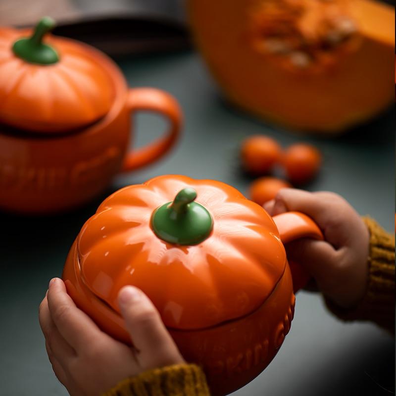Creative Ceramic Mugs with Lid Handmade Coffee Cups Pumpkin Shaped Tea Milk Breakfast Mug Oatmeal Yogurt Cup Unique Novelty Gift