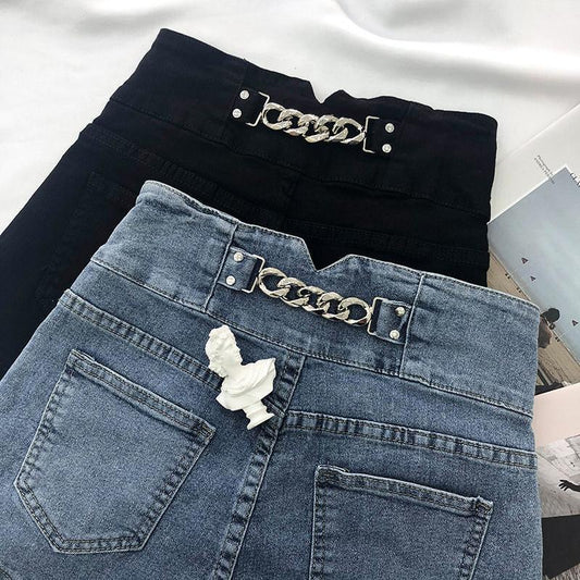 High Waist Denim Shorts Female Summer Korean Version of Ins Retro Metal Chain Design Sense A-line Wide-leg Pants