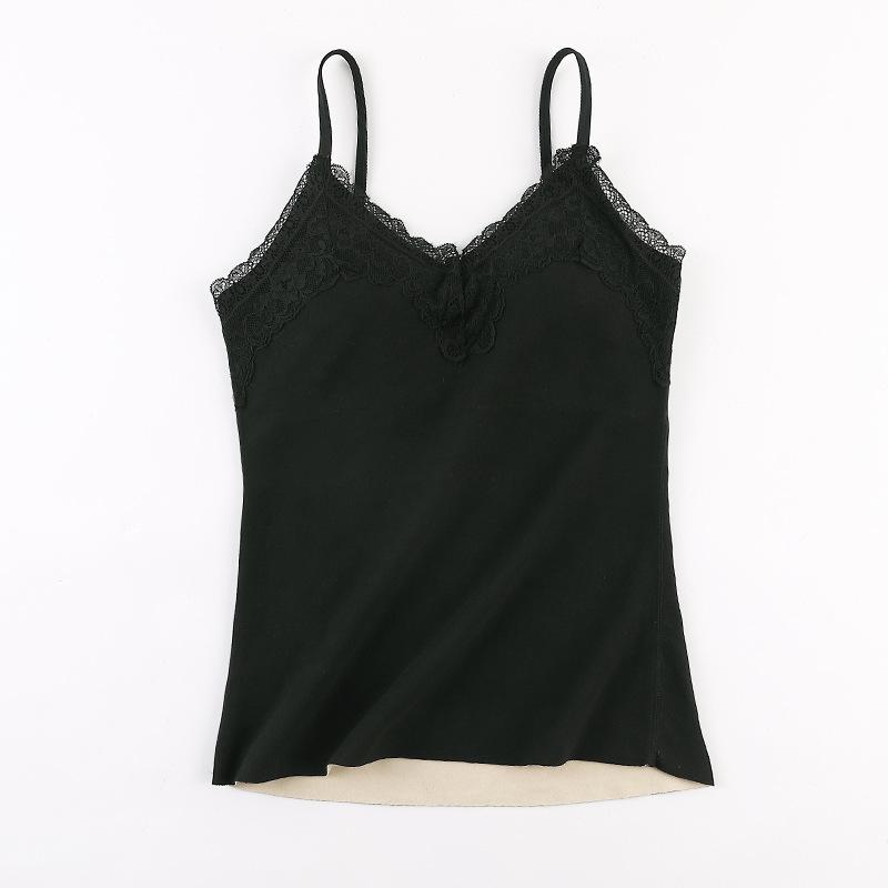 Thermal Underwear Women Velvet Vest Sexy Winter Thermals Sleeveless Body Tops Slim Solid V Neck Lace Inner Wear with Pad Fashion