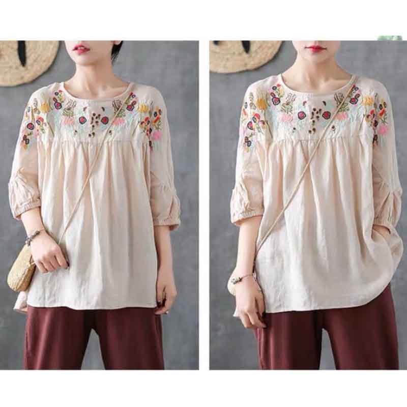 Retro Embroidered Round Neck Short Sleeve T-Shirt Women's Loose Shirt Summer Half Sleeve Cotton Top