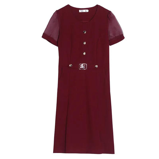 Women's Summer Dress Solid Color Round Neck Chiffon Slim A-line Skirt