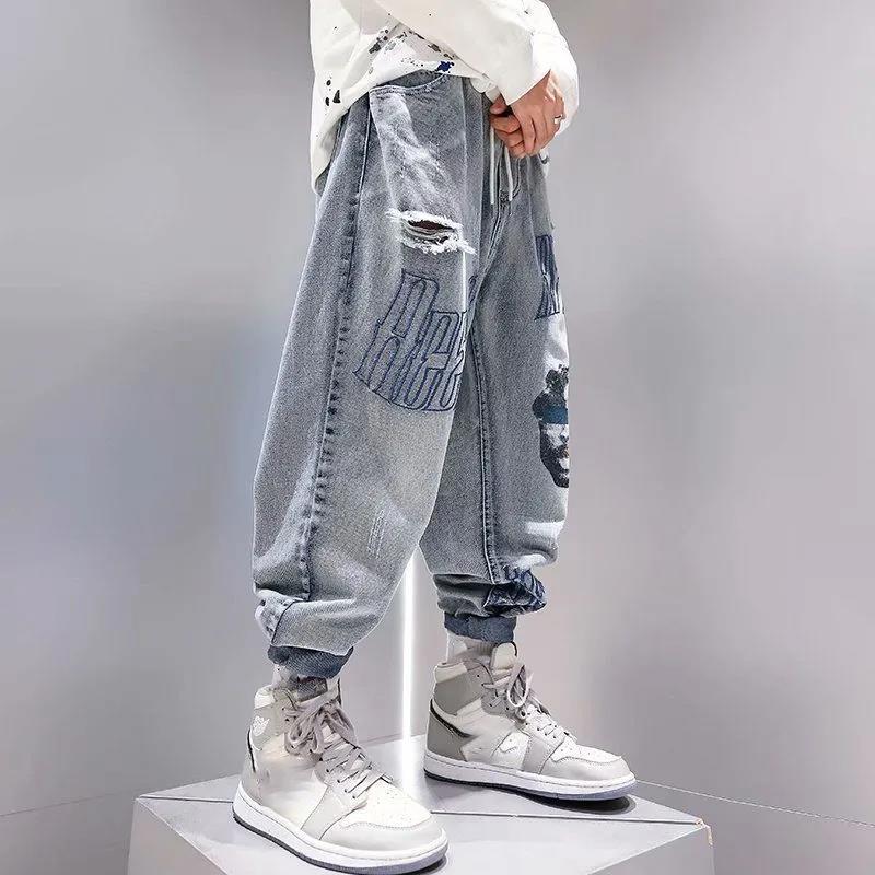 Jeans Men's Trendy Brand Retro Distressed Loose Straight-leg Pants Men's Spring Thin Style Personality Trend Nine-point Pants