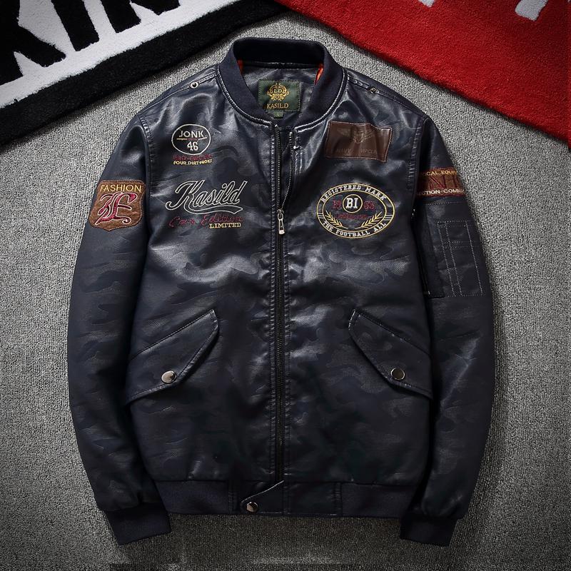 Pilot jacket spring and autumn men's leather short embroidered PU leather jacket men