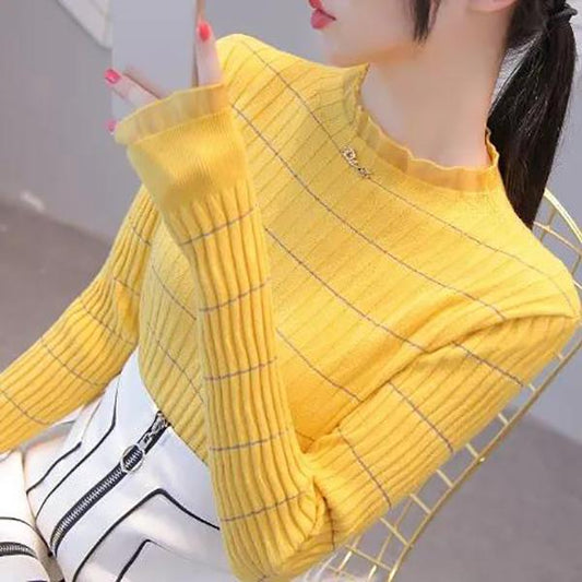 Women's Half Turtleneck Mesh Fungus Edge Bottoming Shirt Slim Fit Long Sleeve Knit Stretch Plus Size Sweater