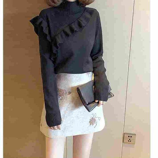 Autumn and Winter Half High Neck Sweater Fungus Lace Slim Long Sleeve Sweater