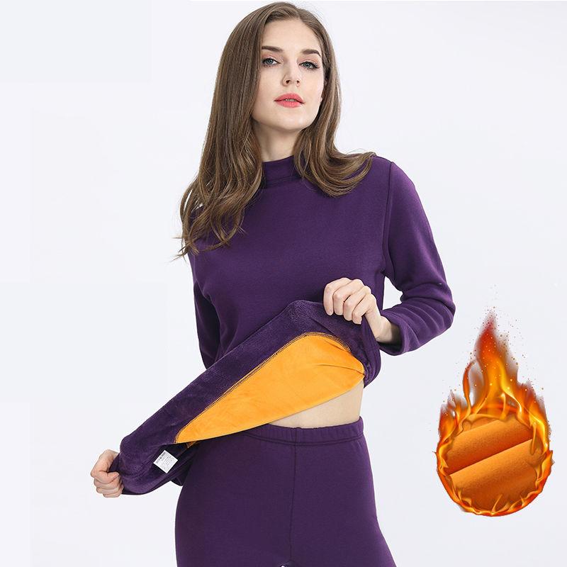 Women Long Sleeve Thermal Underwear Women Winter Plus Velvet Thicken Tight Suit Sexy Pajamas Autumn Warm Windproof Soft Lining High Collar Round Neck