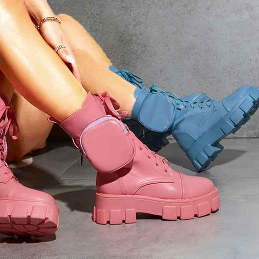 Winter Fashion Motorcycle Boots Wedges Flat Boots Side Zipper Women High Heel Platform PU Leather Boots Lace Up Women's Shoes Fashion Platform Boots