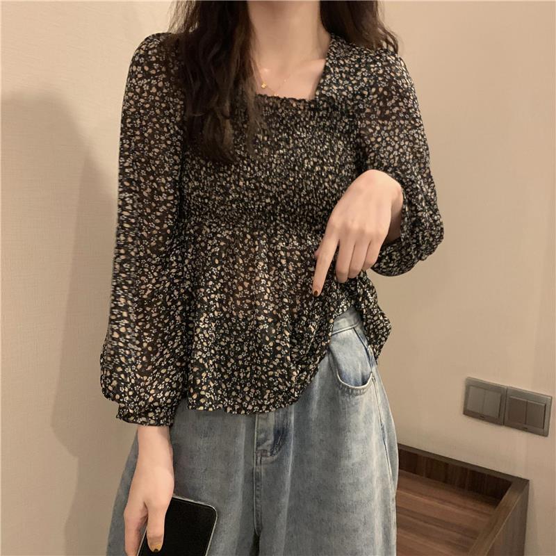 Blouse Women Sweet Korean Style Lovely Ladies Simple Lantern Sleeve Ruffles Popular Square Collar Thin Prairie Chic Holiday Tops