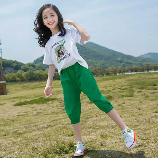 Girls Summer Short-sleeved Plaid Cropped Pants Sports Suit Children's Cute Breathable Sweat-absorbing Comfortable Two-piece Suit