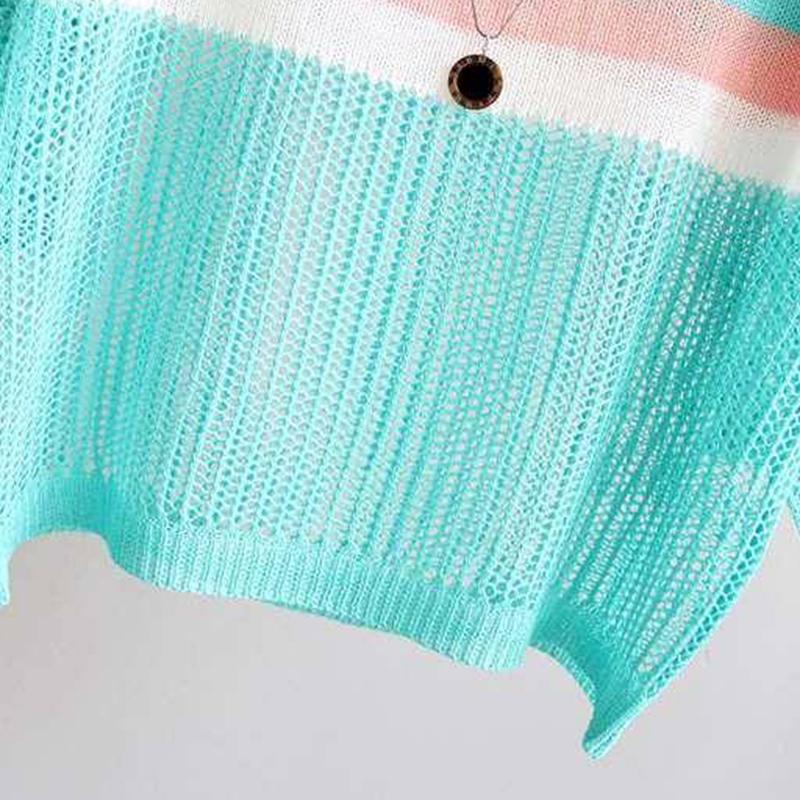 Spring and Summer Hollow Knitted Sunscreen Jacket Top Women's Loose Thin Color Stripes