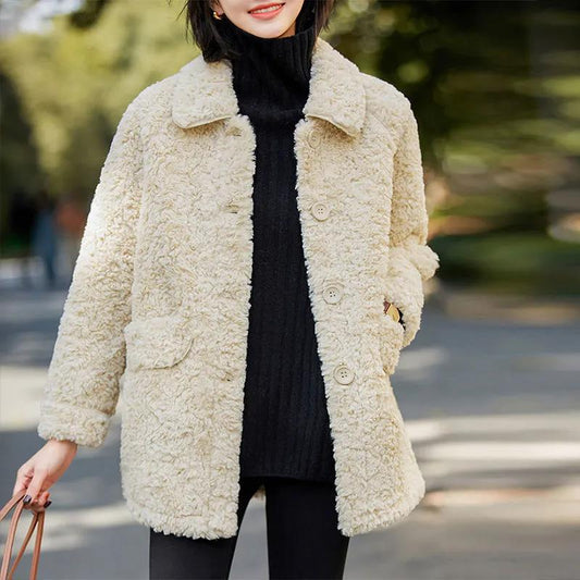 Fashion Ladies Lapel Lamb Velvet Jacket Winter Long Large Size Button Jacket Thick Warm Long-sleeved Cardigan Jacket