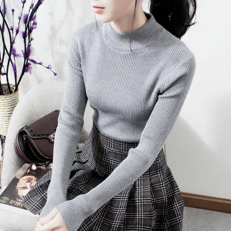 Pofulove Half Turtleneck Sweater Bottoming Shirt Female Long Sleeves Autumn Winter Tops Slim Tight