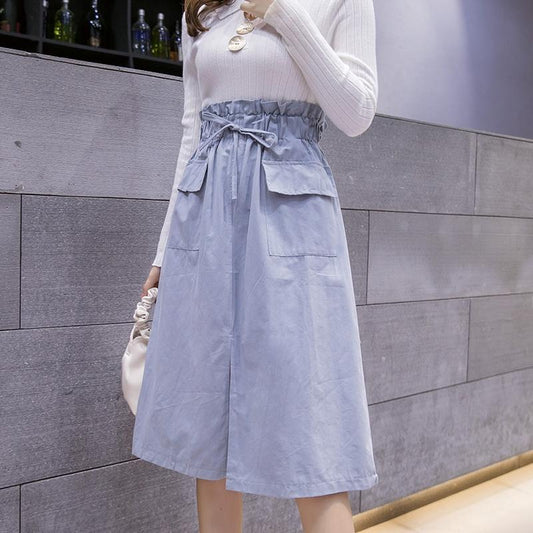 Casual Solid A-line Cotton Midi Skirts Women 2020 Summer Long Black Skirts Womens Pocket Elastic Waist Womens Skirts Female
