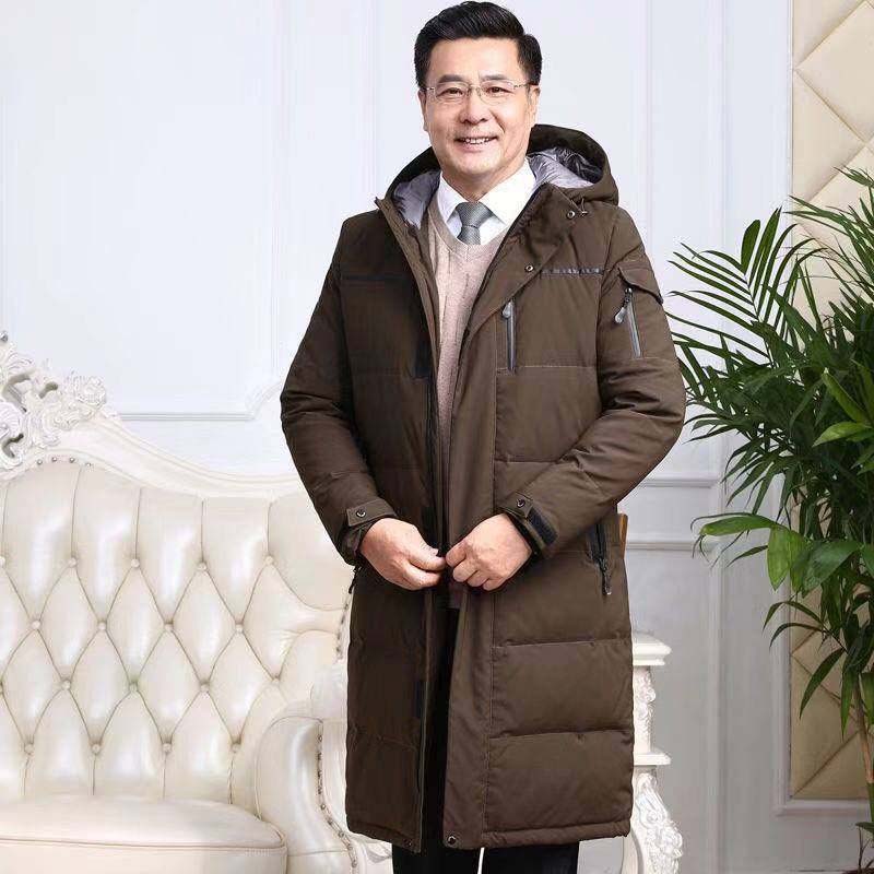 Down Jacket Men's Winter Long Section Over The Knee Thick Middle-aged and Elderly White Duck Down Warm and Cold Jacket