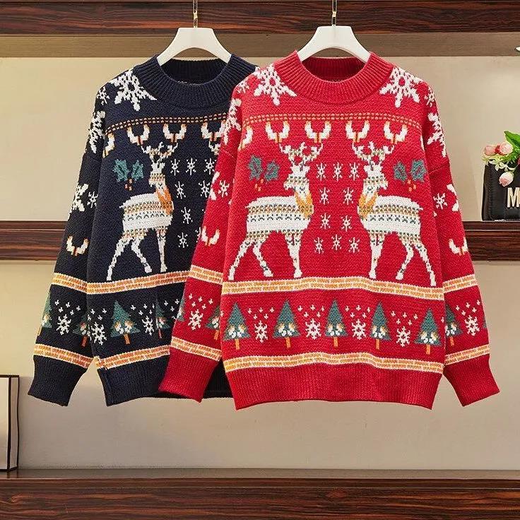 Women's Winter Christmas Red and Blue Snowflake Elk Sweater Large Size Loose Long Sleeve Autumn Knitted Pullover