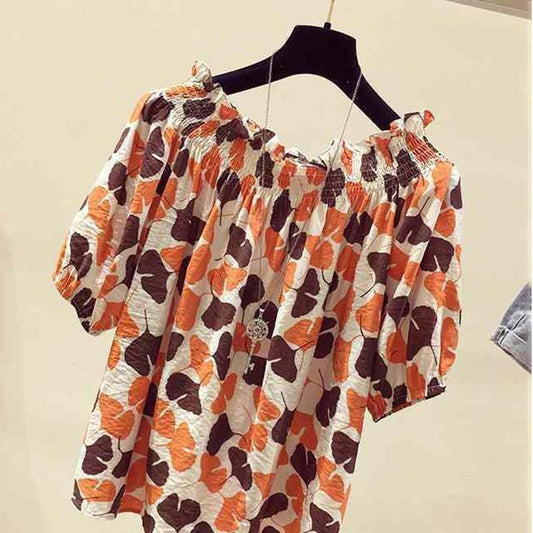 One-shoulder Top Women's Short-sleeved Loose-fitting Belly Slimming Women's Blouse Floral Chiffon Shirt Top Women's Off-shoulder Chiffon Shirt