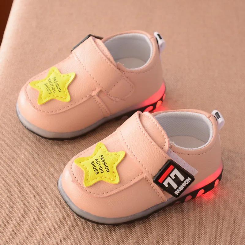 Baby's Little Leather Shoes Soft Soled Baby Walking Cartoon Shoes Children's Non Slip Lighting Flat Shoes