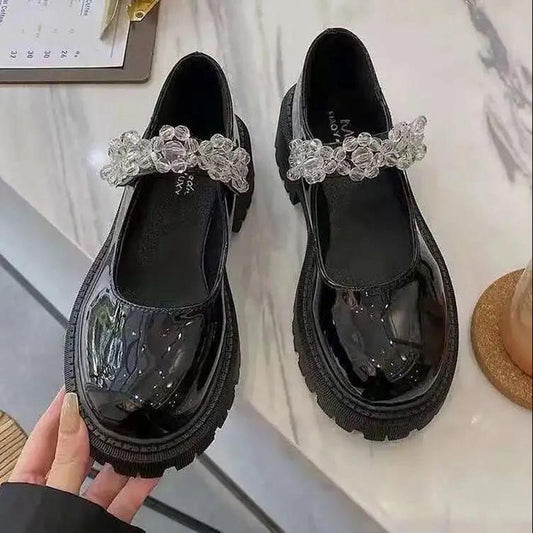 Leather Shoes Women British Style Japanese Black Ice Flower Crystal Thick Bottom Mary Jane Shoes Doll Single Shoes Women's Loafers