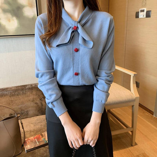 Autumn and Winter Thickening Slim Bow Sweater Women's Long Sleeves Were Thin Inside A Low Collar Knitted Bottoming Shirt Women