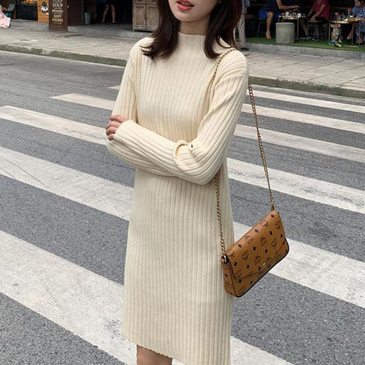 Mid-length Dress In Autumn and Winter Half High Neck Slim Fit Inner Sweater Fashion Solid Color Sweater Skirt