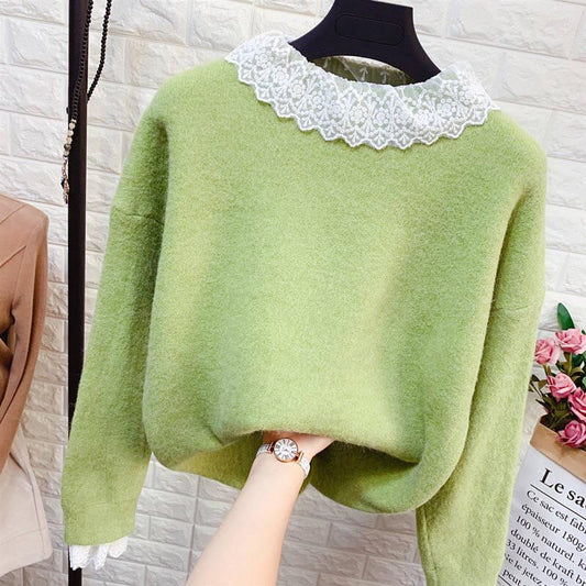 Girly Princess Lace Crew Neck Knitwear Skin-friendly High Elastic Women Pullover Sweater