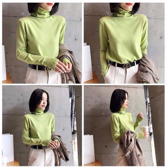 Pofulove Female Turtleneck Knitted Pullover Sweaters loose Sweater Tops winter Casual Jumper