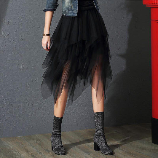 Y2k Skirt Skirts Womens Summer Black Pleated Skirt Solid Color Elastic High Waist A-line Skirts Irregular Mid-length Mesh Skirt