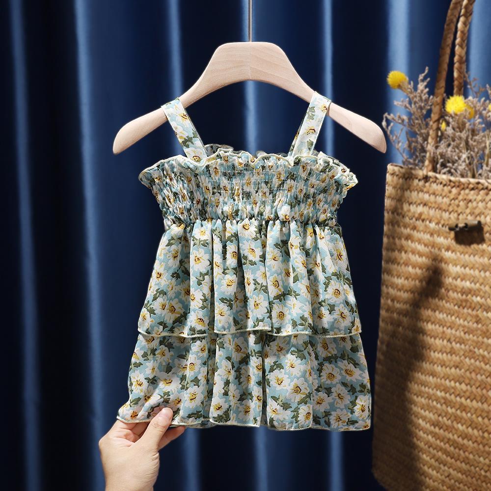 Children Dress Girls Summer Thin Dress Suspender Dress Floral Strapless Princess Dress Ruffled Vest Skirt