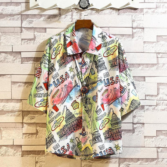 Men's Fat Flower Shirt Short Sleeve Plus Fat Plus Size Student Hawaiian Beach Style Shirt Top