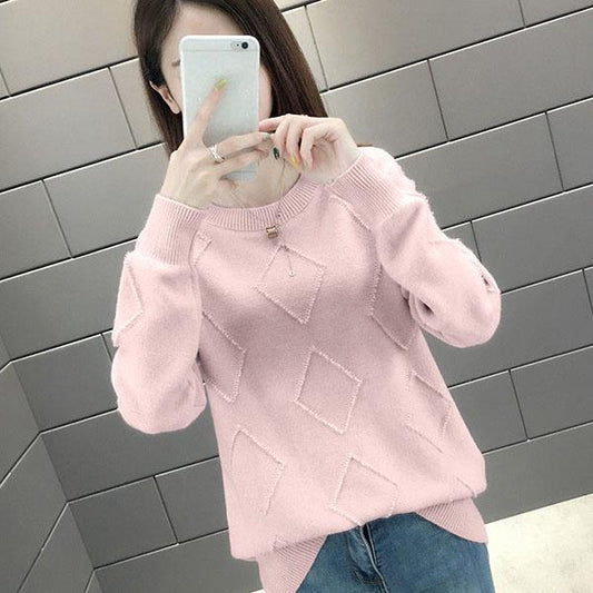 Fashion All-match Sweater Round Neck Loose Casual Bottoming Shirt Diamond Pattern Knitted Young Women's Top
