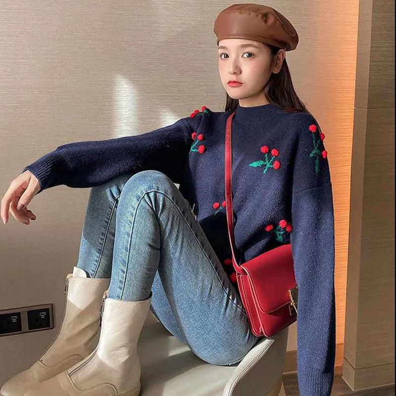 Autumn and Winter Women's Sweater Korean Loose Round Neck Pullover Retro Cherry Pattern Top