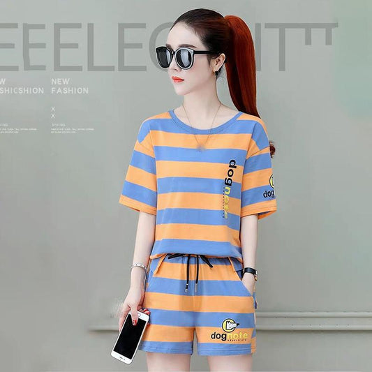 Cotton Striped Sports Suit Women Loose Round Neck Short Sleeve Tethered Shorts Two-piece Running Casual Wear Cute Home Wear Pajamas