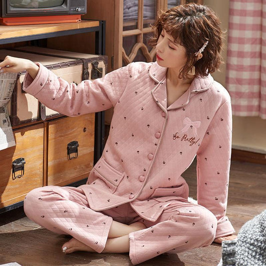 Home Service Suits Laminated Cotton Pajamas Women's Thin Quilted Thickening Large Size Air Cotton Warm Pajamas Fabric Is Soft Breathable and Lint