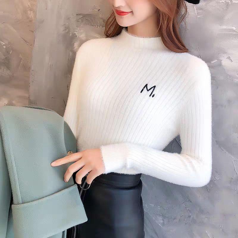 Pofulove waterproof mink half turtleneck sweater women long-sleeved winter fit bottoming shirt women